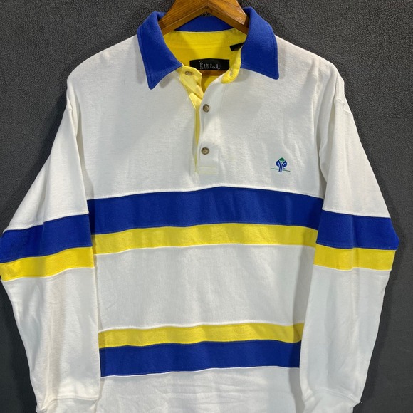 Fiddlehead Other - Fiddlehead Mens Long Sleeve Rugby Shirt White Blue Yellow Stripe Cotton Size M
